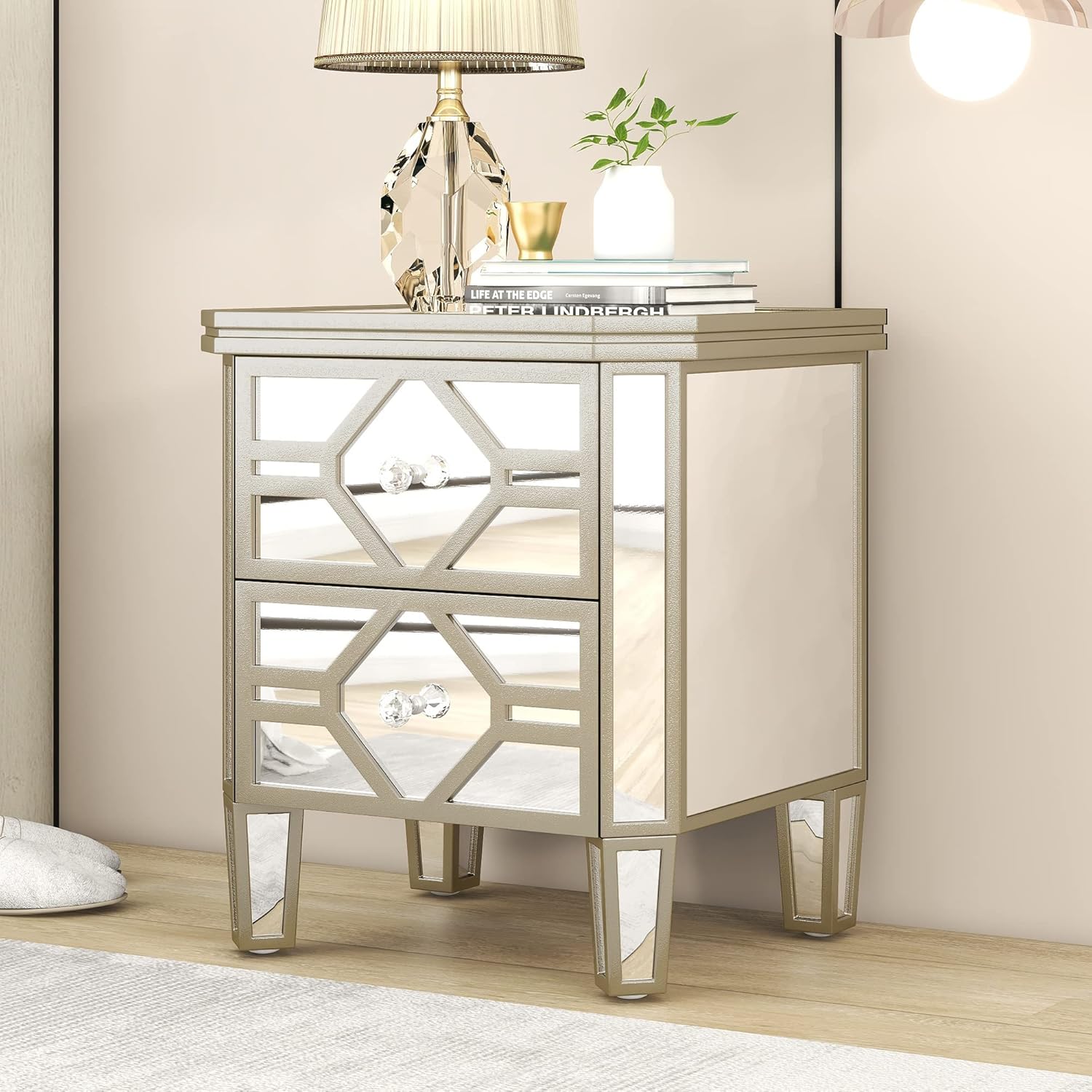 Harper & Bright Designs Mirrored 2-Drawer Nightstand End Table with Golden Lines, Side Table with Storage for Living Room,Bedroom(Silver)