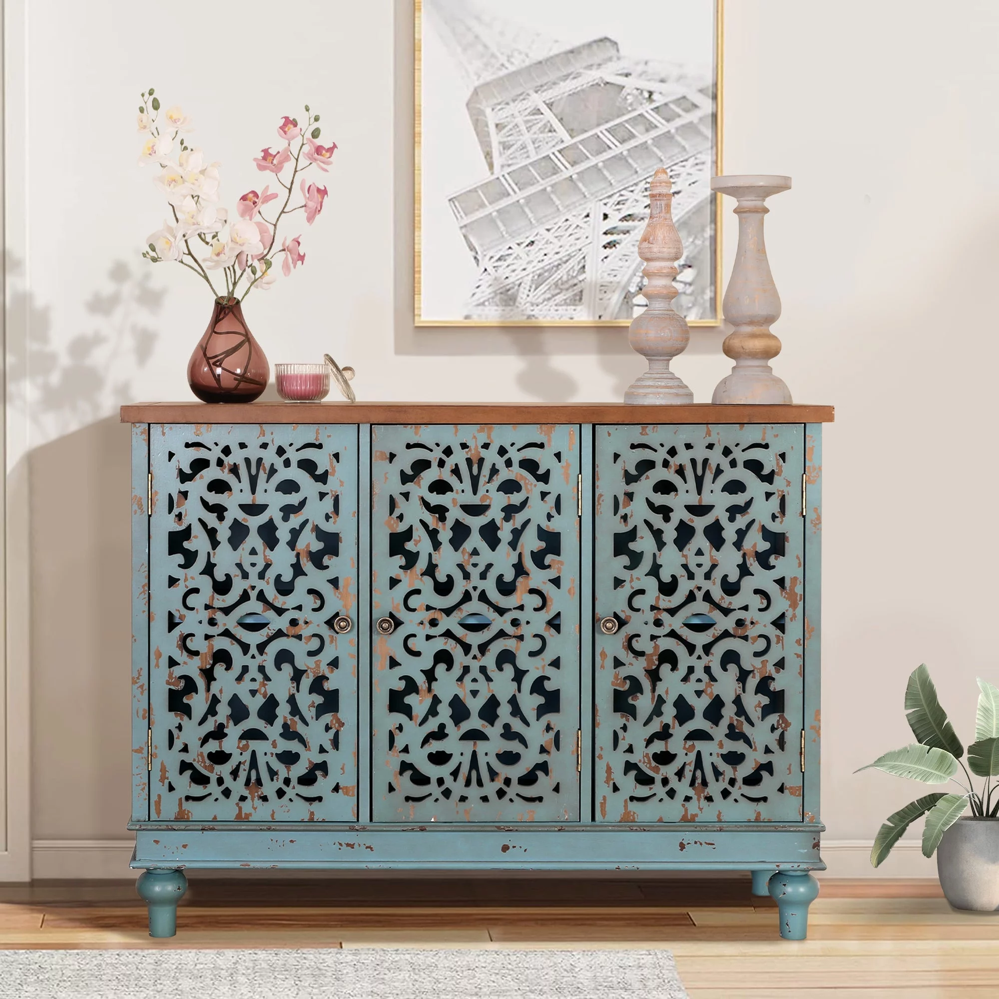 Sophia & William 3-Door Hollow-Carved Sideboard Accent Cabinet for Kitchen, Dining Room, Living Room, Entryway-Blue