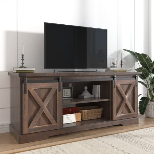 St.Mandyu Farmhouse TV Stand for TVs up to 65 inch, Wood Entertainment Center with Sliding Barn Doors, Media Console Storage Cabinets with Adjustable Shelves for Living Room Bedroom Office, Brown