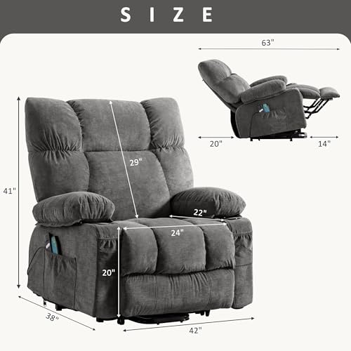 Power Lift Recliner Chair for Elderly,Recliner Massage Chair with Heat and Massage Recliner,Lift Chair Sofa with Infinite Position and Side Pocket,USB Charge Port,Gray