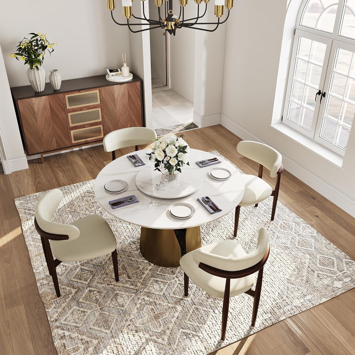 POVISON Round Dining Table for 4-6, Modern Round Dining Table Built in Lazy Susan for Dining Table, 51