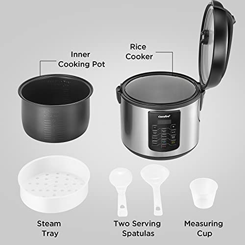 COMFEE' Compact Rice Cooker, 6-in-1 Stainless Steel Multi Cooker, Slow Cooker, Steamer, Saute, and Warmer, 2 QT, 8 Cups Cooked(4 Cups Uncooked), Brown Rice, Quinoa and Oatmeal, 6 One-Touch Programs