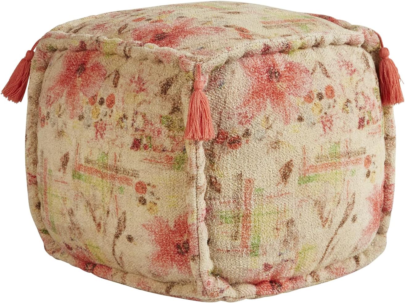 47th & Main Square Boho Tasseled Fabric Foot Stool Ottoman Pouf, 16