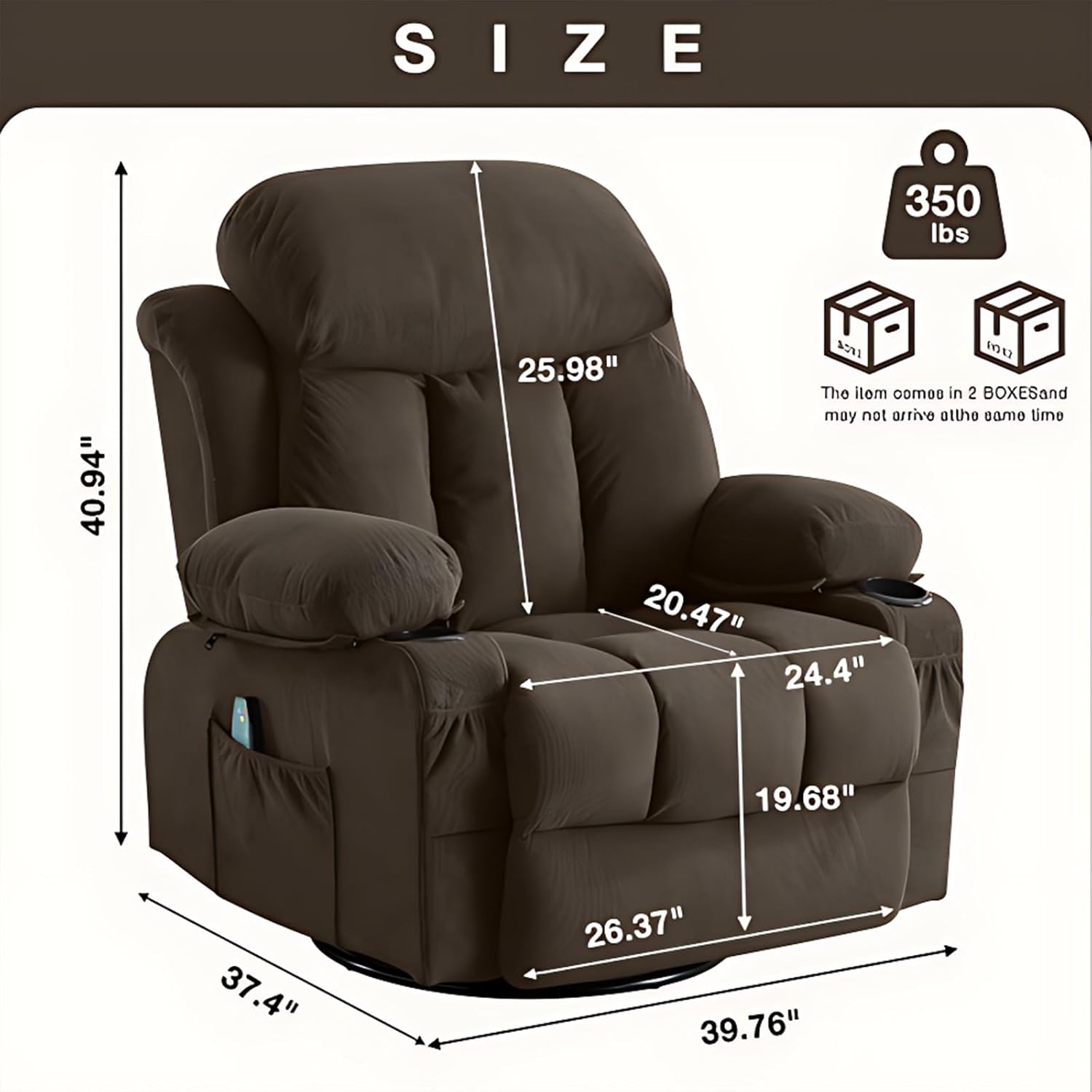 Swinging Recliner Massage Heated Sofa, Massage Recliner Chair with Adjustable Backest and USB Port, 360 Swivel Lazy Electric Recliner Chair for Living Room (Brown)