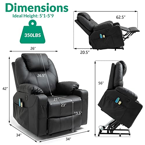 VIVIJASON Power Lift Chair Electric Recliner for Elderly Heated Vibration Massage Fabric Recliner Chair with 2 Remote Controls, Cup Holders, Side Pockets & USB Ports for Living Room (Grey)