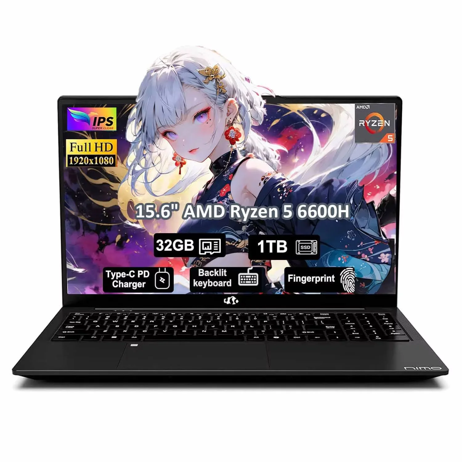 15.6" Gaming Laptop,IPS FHD Laptop AMD Ryzen 5 6600H 6-Cores 660M GPU 32GB DDR5 RAM 1TB SSD(Beat i7-1165G7, Up to 4.5GHz) Computer with 100W GaN Type C Fingerprint Backlit Keyboard Win 11