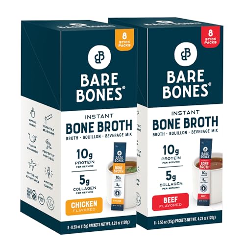 Bare Bones Bone Broth Instant Powdered Beverage Mix, Chicken & Beef, Variety Pack of 32, 16 Chicken & 16 Beef - 15g Sticks, 10g Protein, Keto & Paleo Friendly