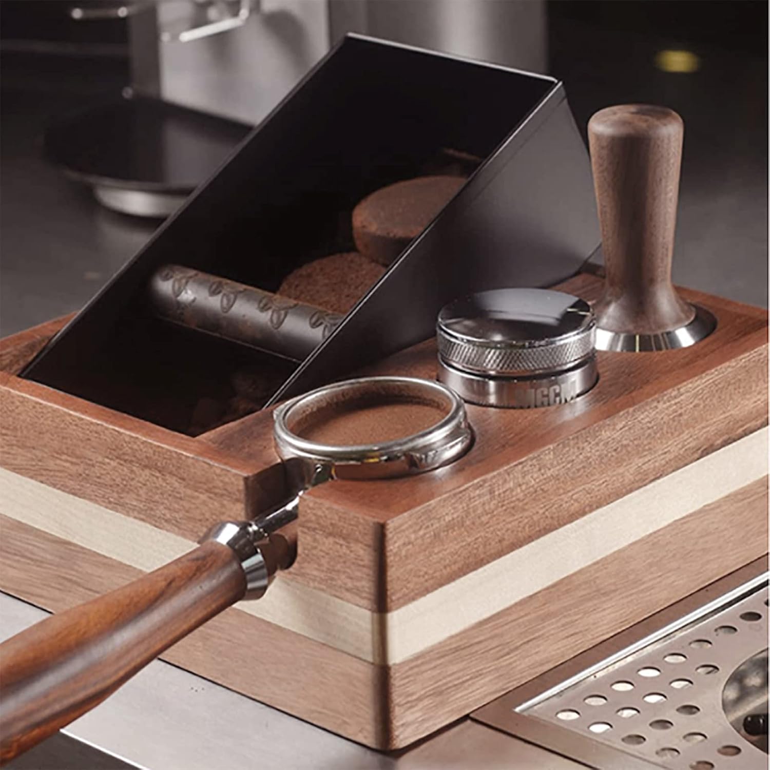 Wooden Espresso Knock Box, 4 in One 58mm Tamper Holder with Card Slot Design & Removable Grounds Box, Make Your Desktop Neat & Consistent, for Tamper,Distributor and Portafilter Rack