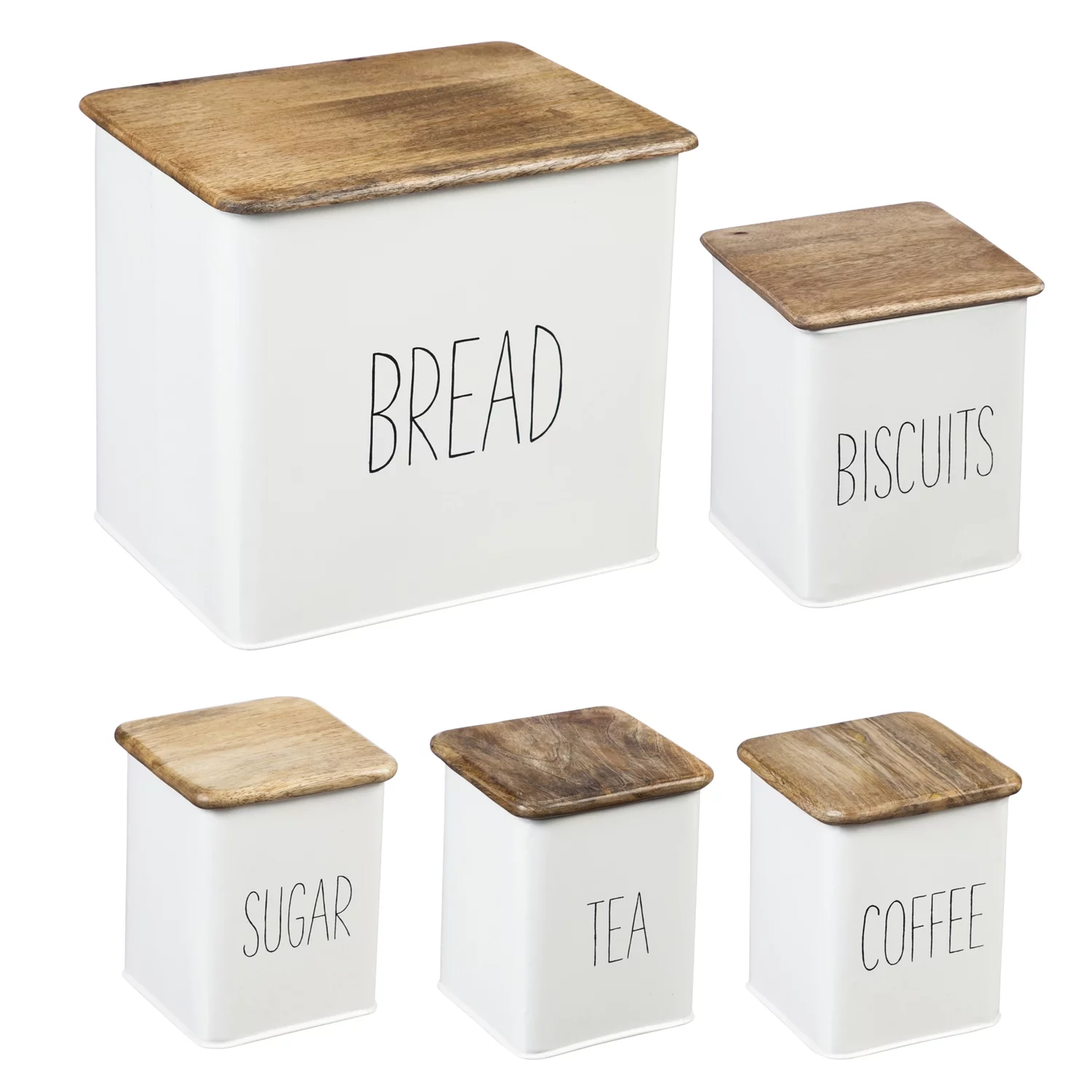 5 Piece Kitchen Canisters with Wooden Top Set, White