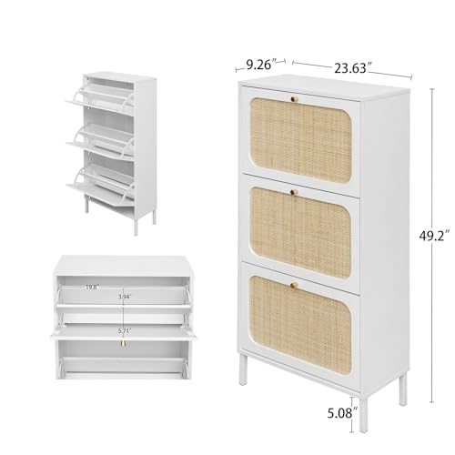 Natural Rattan Cabinet, Narrow Shoe Storage Cabinet with 3 Flip Drawers Hidden, Freestanding Entryway Storage Unit Console Table for Entryway Slim, Hallway,Natural