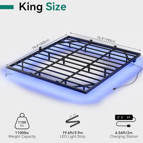 YITAHOME Floating Bed Frame Full Size, LED Bed Frame with Charging Station, Metal Platform Full Bed with Heavy Duty Steel Slats Supports, No Box Spring Needed, Easy Assembly, Black