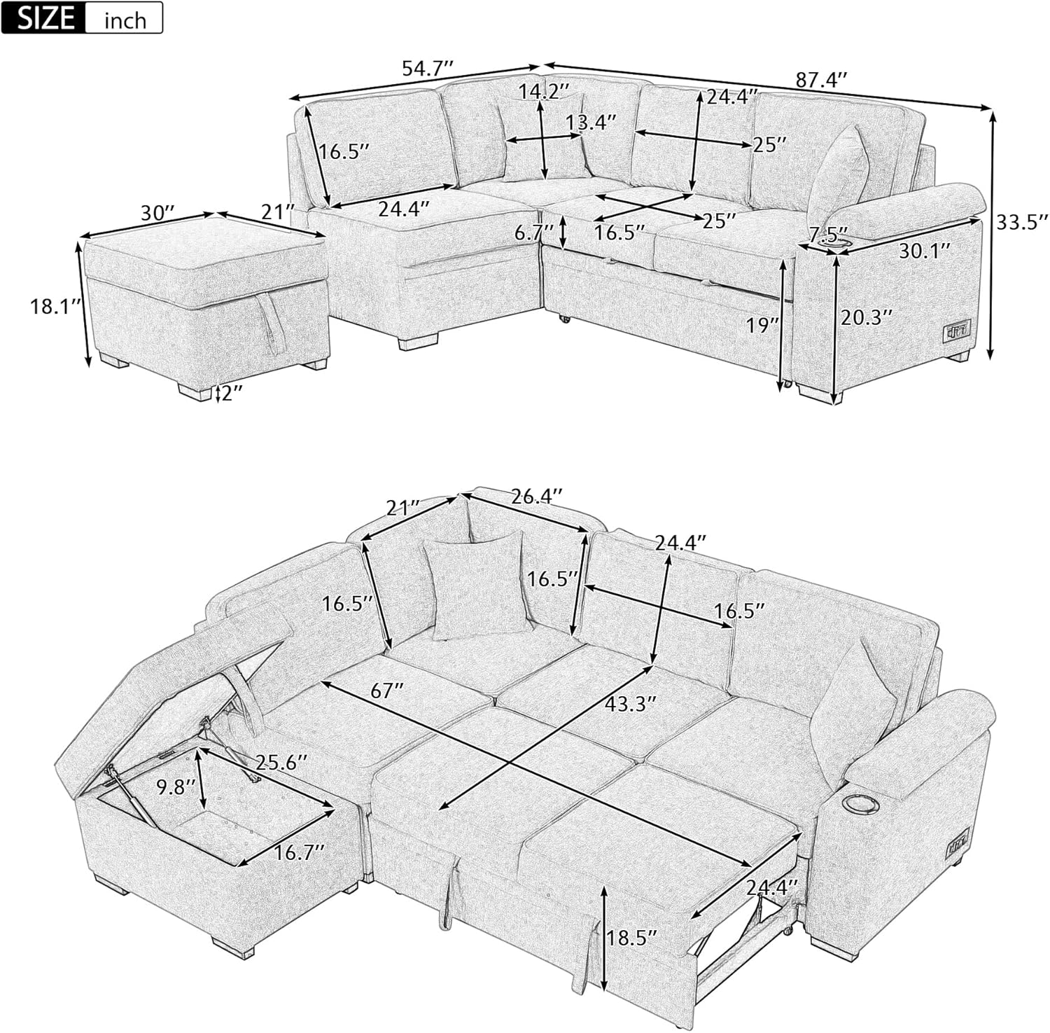 87.4'' Sleeper Sofa Bed,2 in 1 Pull Out Sofa Bed L Shape Couch with Storage Ottoman for Living Room,Bedroom Couch and Small Apartment, Black