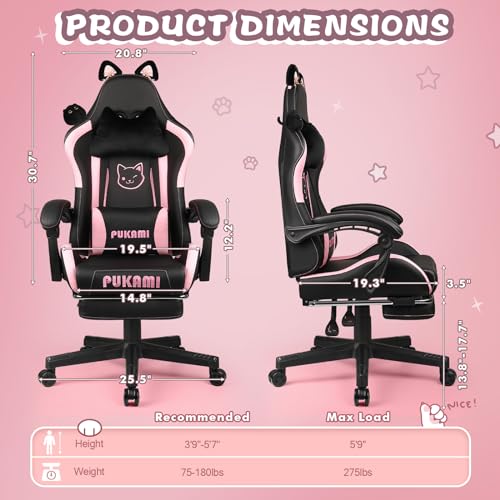 PUKAMI Pink Gaming Chair with Cat Ears and Cat Paw Cushion Pillow,Cute Computer Chair for Girl with Footrest,Ergonomic Gamer Chair, Kawaii Gaming Chair,Reclining Game Chair(Pink)