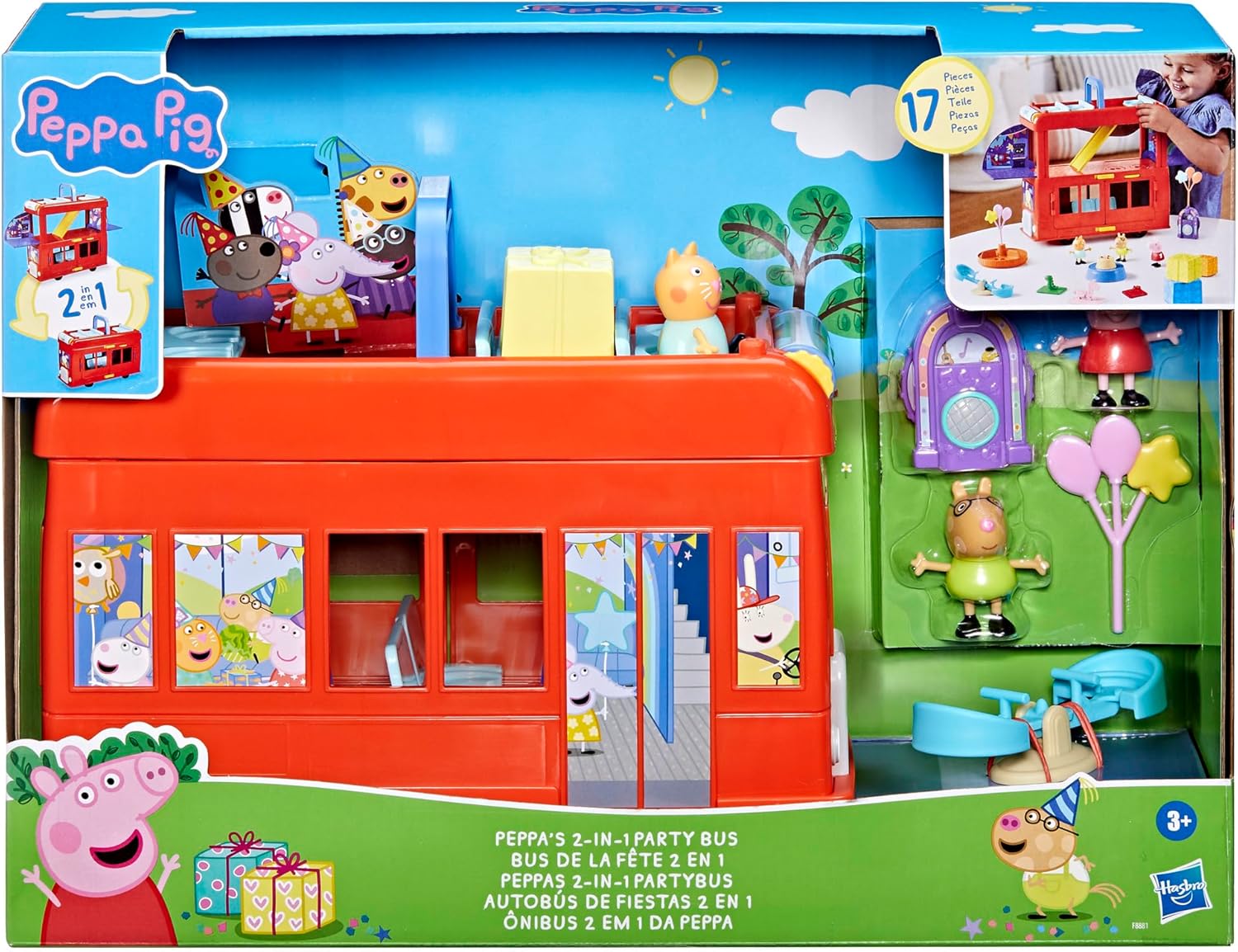 Peppa Pig 2-in-1 Party Bus Playset with 3 Figures and 13 Accessory Pieces, Preschool Toys for Girls and Boys 3 and Up