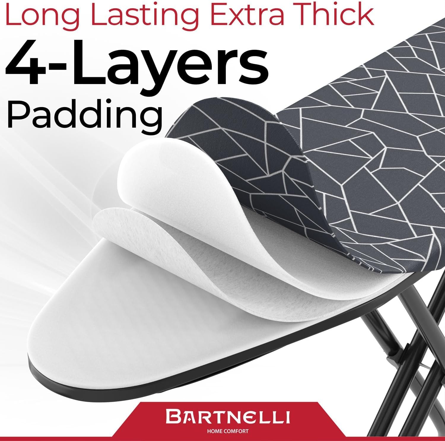 Bartnelli Ironing Board | Ultimate Iron Board Experience with Convenient Iron/Steam Rest | 13x43 Ironing Surface | Reinforced Steel Legs, Adjustable Height, 4-Layer Padding, Patent Folding System