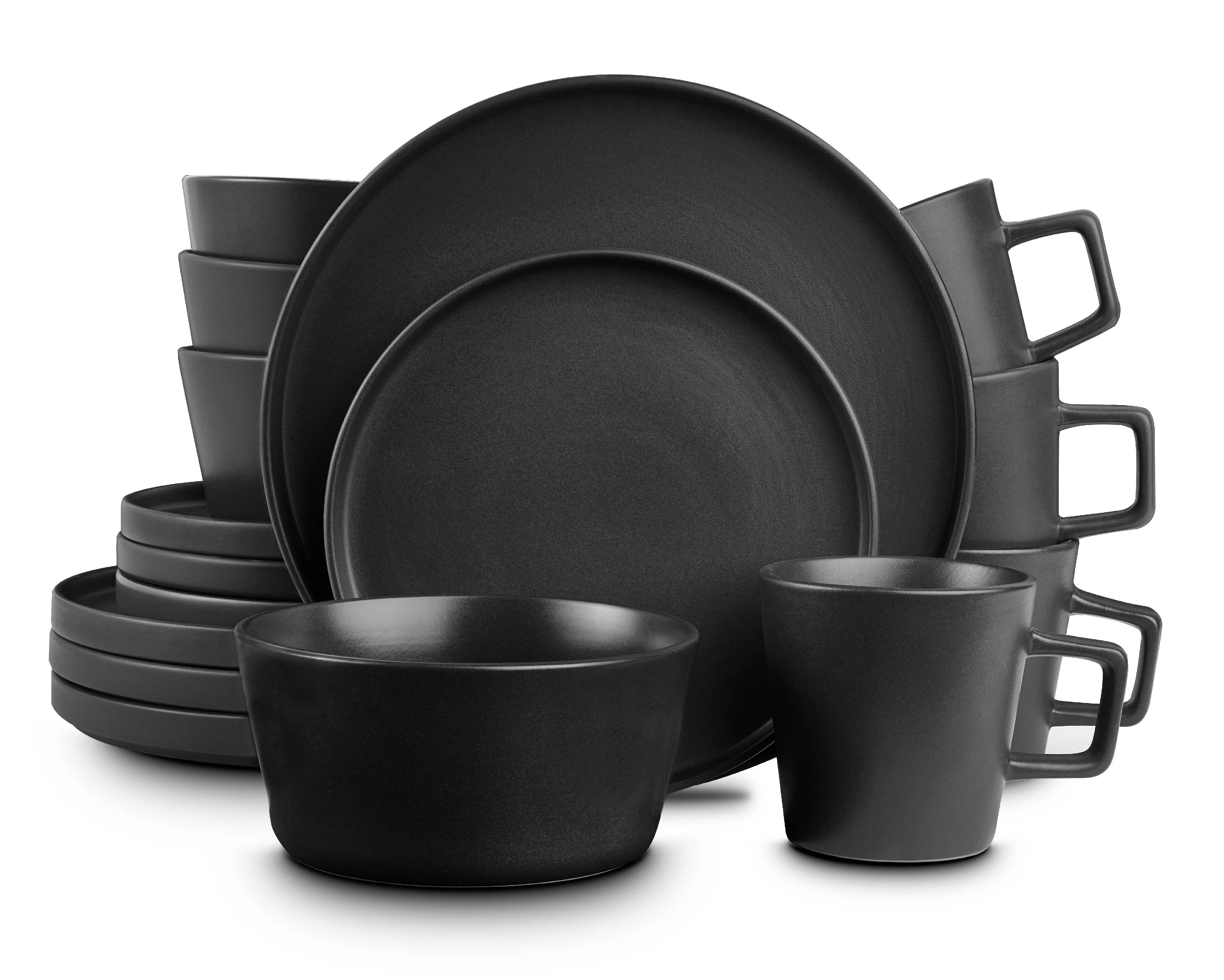 Stone Lain 16 Pieces Stoneware Round Dinnerware Set, Service for 4 in Black Matte, Fashionable Modern Dishes