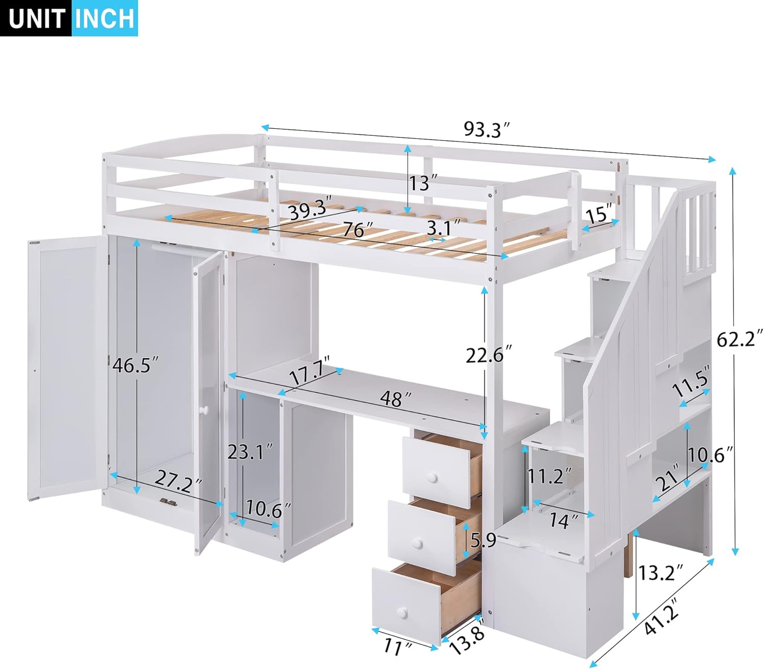 Twin Loft Bed with Stairs and Wardrobe, Wooden Twin Size Loft Bed with Desk Underneath, Loft Bed with Storage Staircase and Shelves for Girls Boys Teens,White