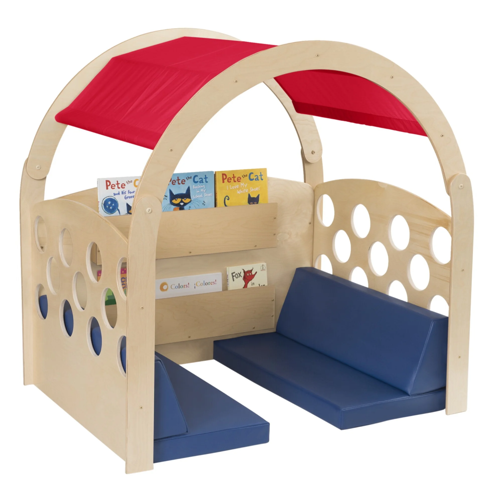 Childcraft Reading Nook, Tan/Red Canopy with Blue Cushions, 49-1/2 W x 37 D x 50 H in
