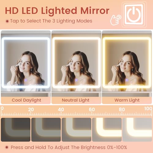 DICTAC Makeup Vanity Desk with Sliding LED Lighted Mirror, 47.2