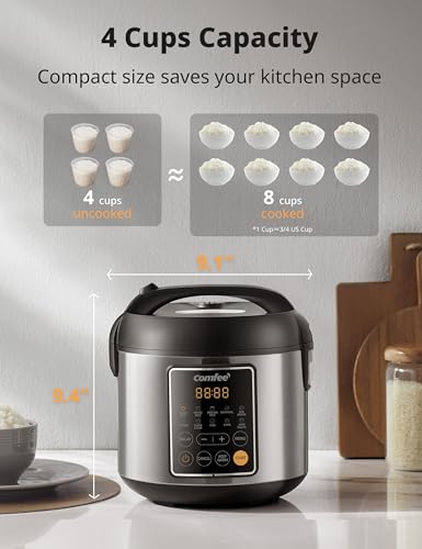 COMFEE' Compact Rice Cooker, 6-in-1 Stainless Steel Multi Cooker, Slow Cooker, Steamer, Saute, and Warmer, 2 QT, 8 Cups Cooked(4 Cups Uncooked), Brown Rice, Quinoa and Oatmeal, 6 One-Touch Programs