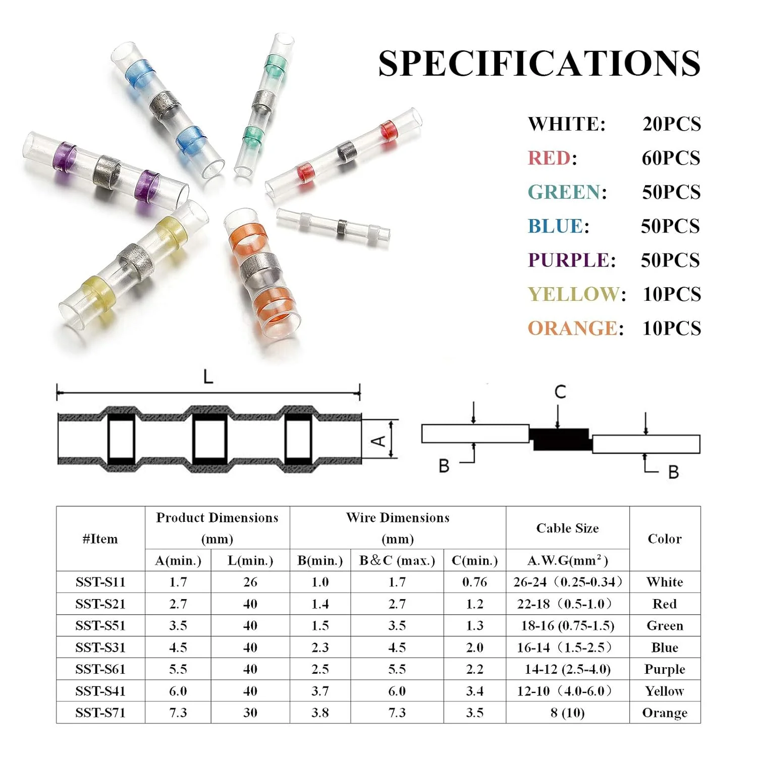 Sopoby 250PCS Solder Seal Wire Connectors, Self-Solder Heat Shrink Butt Connector Solder Sleeve Waterproof Electrical Butt Splice Wire Terminals for Automotive Boat Truck Wire Joint(7 Colors/7 Sizes)