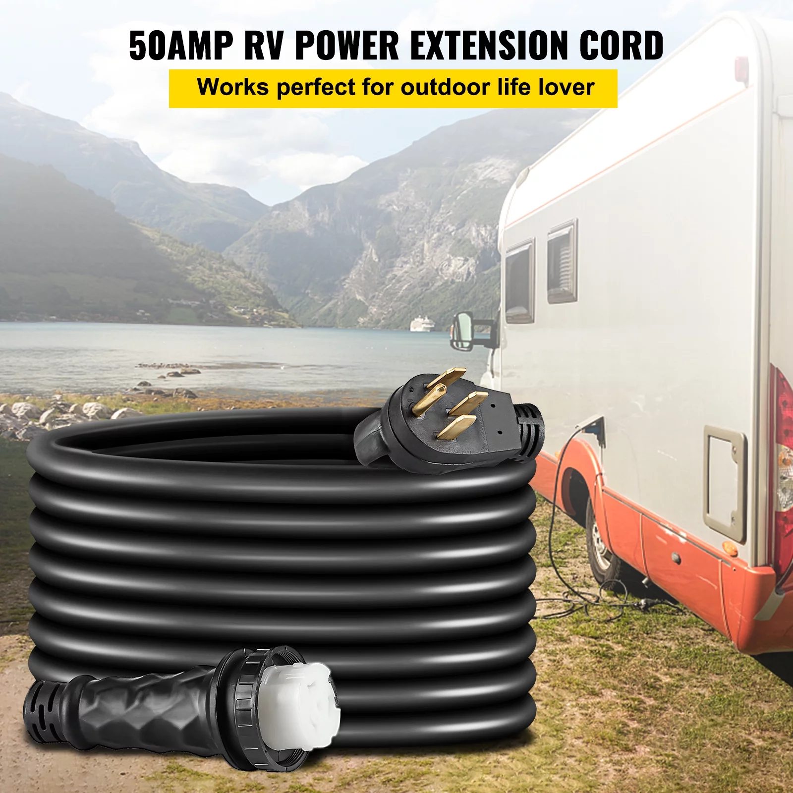 VEVOR RV Shore Power Extension Cord 50Ft 50 AMP Weatherproof Heavy Duty 6AWG/3C+8AWG/1C Twist Lock Cord 50 Amp RV Replacement Cord UL and CSA Approved with Molded Connector and Patented Handle