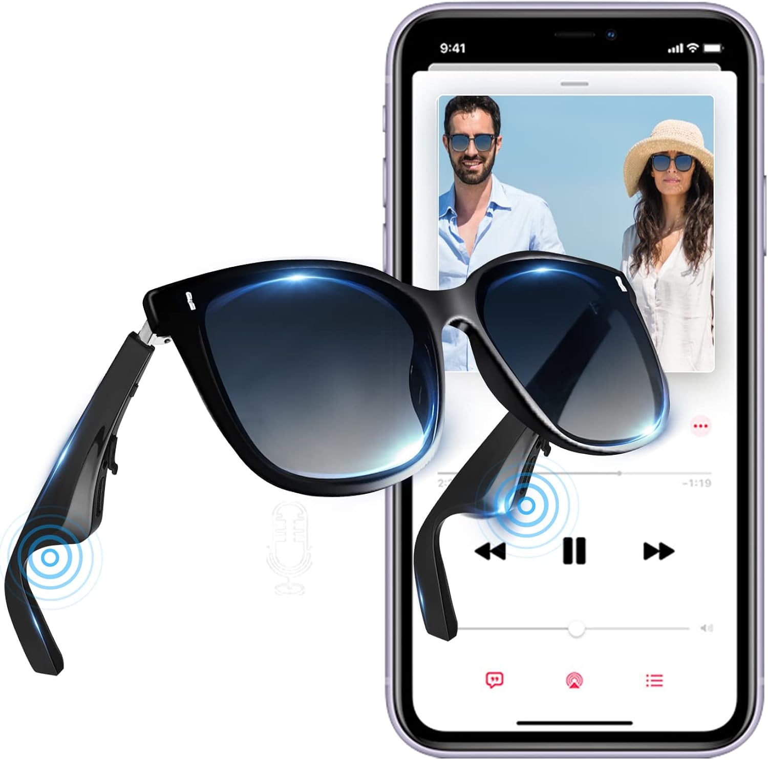 Smart Glasses with Bluetooth Audio Wireless Sunglasses Open Ear Listen Music for 7 Hours, Hands-Free Calling Polarized sunglass for Women Men, Voice Assistant Compatible