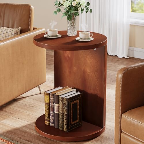 Tribesigns Solid Wood End Table, Set of 2, C-Shaped Round Side Table for Sofa, 2-Tier Couch Table for Small Space, Living Room, Easy Assembly, Walnut