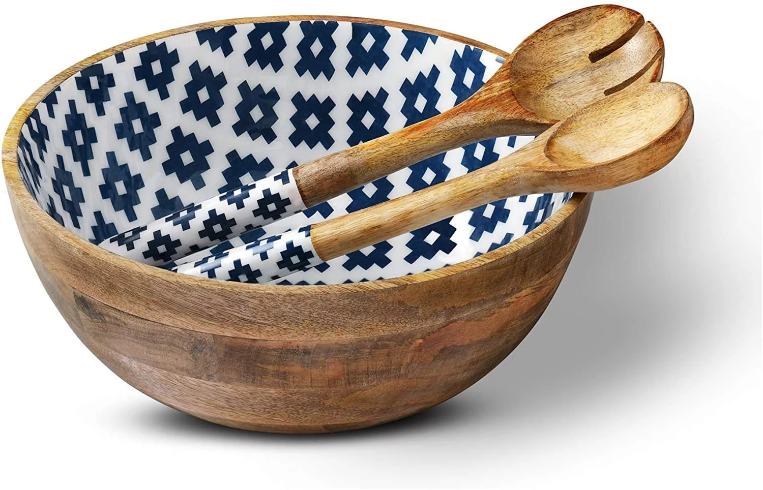 Folkulture Salad Bowl with Serving Tongs, 12x5 inches, Mango Wood, Geometric Blue