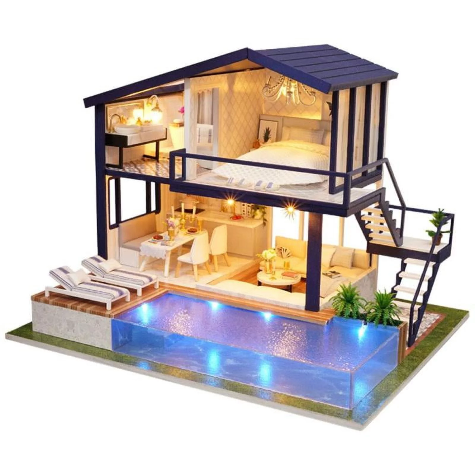 Miniature Dollhouse with Realistic Furniture Garden Villa House - Handmade Wooden Cottage Big House with LED Light, Swimming