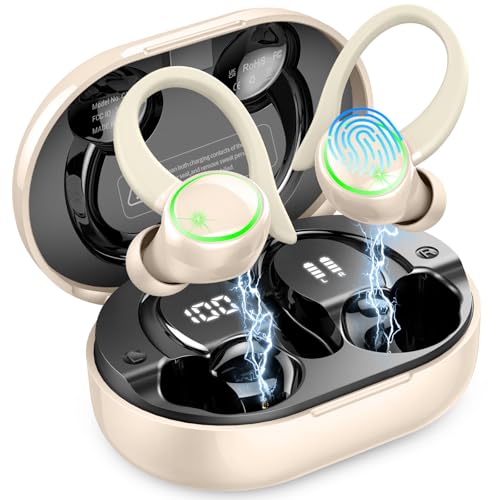 Wireless Earbuds, Bluetooth 5.4 Headphones Sports, 50H Playback Over-Ear buds with ENC Noise Cancelling Mic, Deep Bass Fitness Earphones with Earhooks, IP7 Waterproof Headset for Running Workout Pink