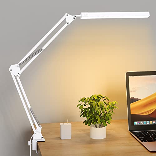 LED Desk Lamp, Swing Arm Desk Light with Clamp, 3 Lighting 10 Brightness Eye-caring Modes, reading desk lamps for home office 360°Spin with USB Adapter & Memory Function black-14W