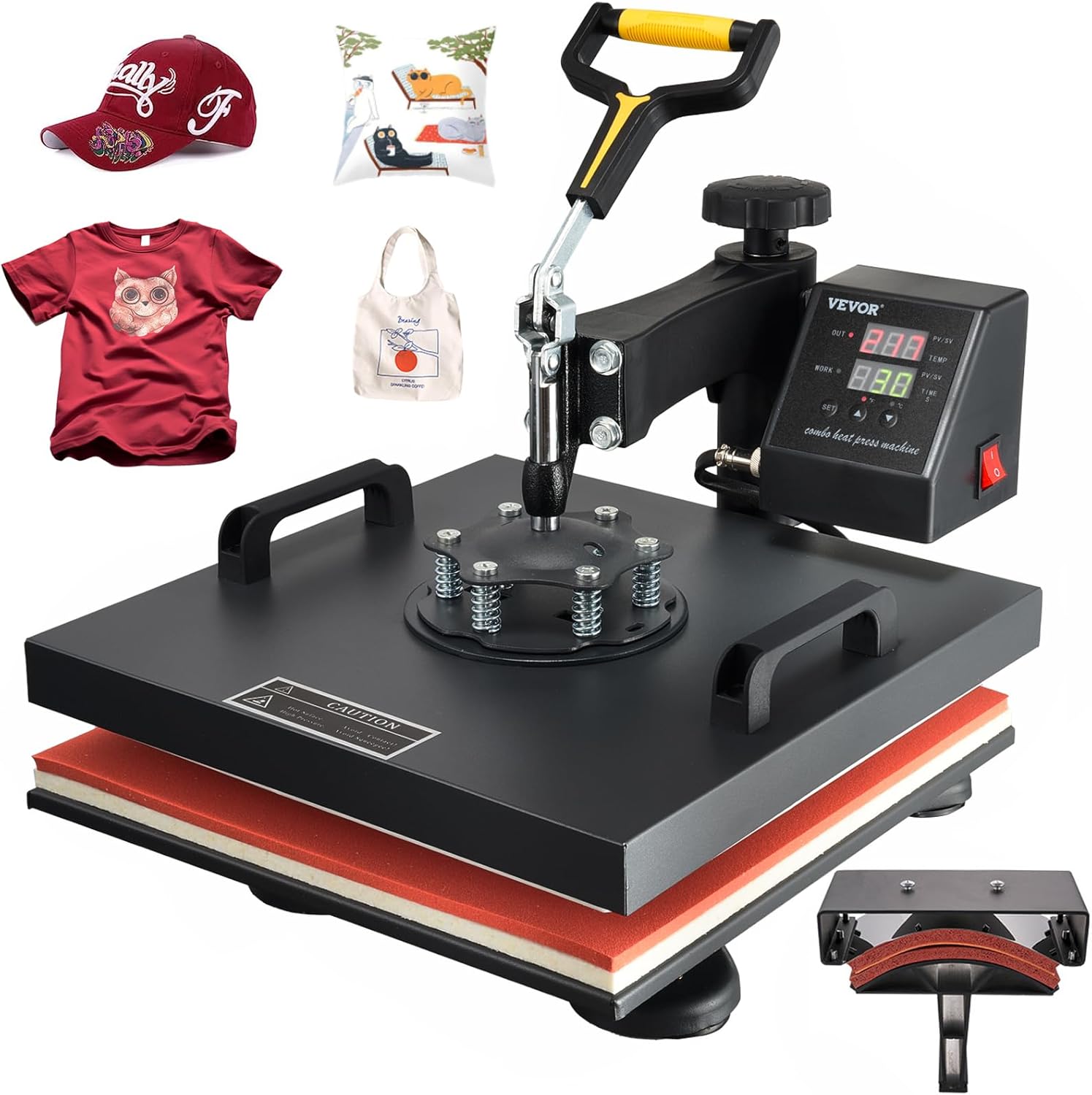 VEVOR 15x15 Heat Press Machine with Hat Press, 360° Swing Away Digital Tshirt Press Machine, Clamshell Heat Transfer Sublimation for Printing T-Shirt Hat Cap Pillow Bag