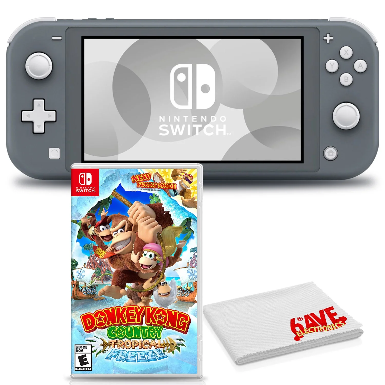 Nintendo Switch Lite (Gray) Bundle with 6Ave Cleaning Cloth and Donkey Kong Country: Tropical Freeze