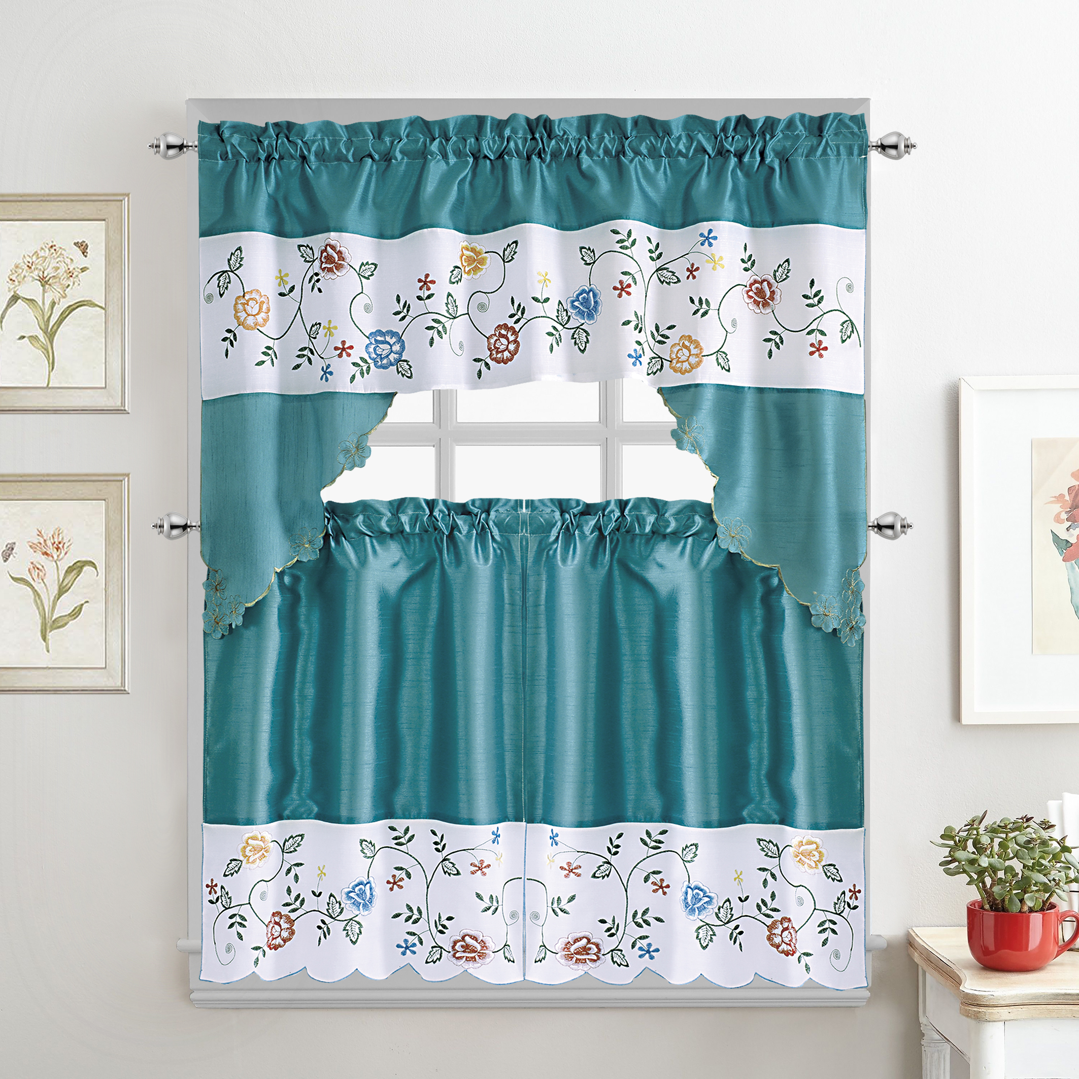 Flower Embroidered 3-Piece Kitchen Curtain Tiers & Swag Set, Turqoise color, 58x36 & 28x36 inches for daily life and holiday