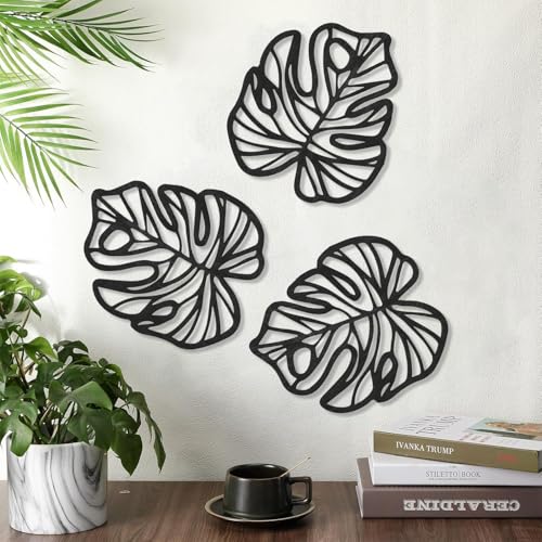 FTTYUBE 3 Pcs Wooden Palm Leaves Wall Art Tropical Leaf Wall Art Boho Plant Wall Decor for Living Room Kitchen Bedroom Vintage Plaque (white/grey/brown)