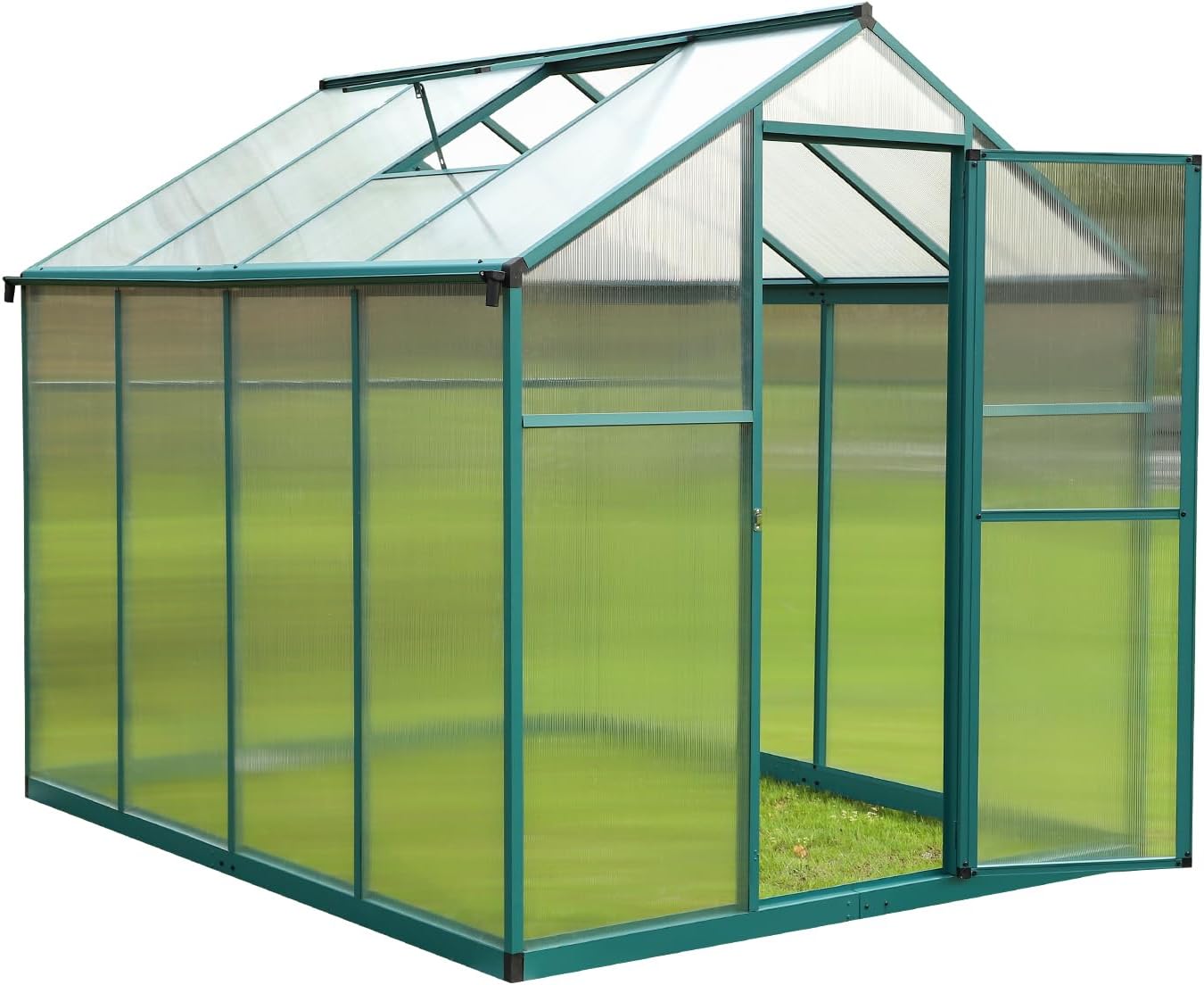 Aluminum Greenhouse for Outdoors 6'x 8', Polycarbonate Green Greenhouse with Adjustable Roof Vent and Rain Gutter, Outdoor Hobby Greenhouses for Backyard Plants Flowers Vegetables (6’ x 8‘)