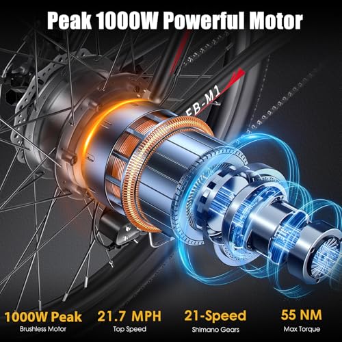 Electric Bike for Adults, Peak 1000W Ebike, 50Miles 21.7MPH Adult Electric Bicycles, 26