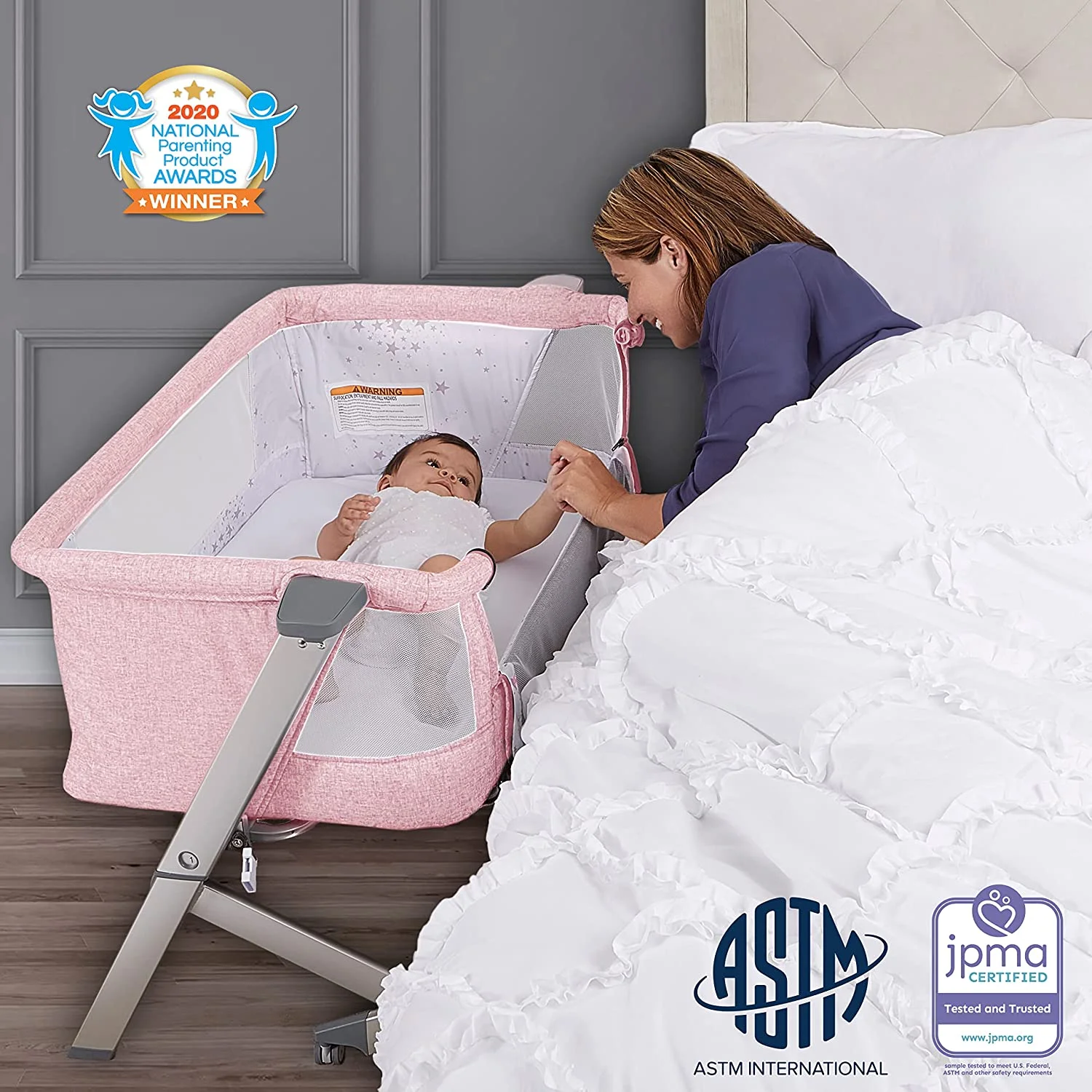 Dream On Me Skylar Bassinet and Beside Sleeper in Pink, Lightweight and Portable Baby Bassinet, Five Position Adjustable Height, Easy to Fold and Carry Travel Bassinet, JPMA Certified