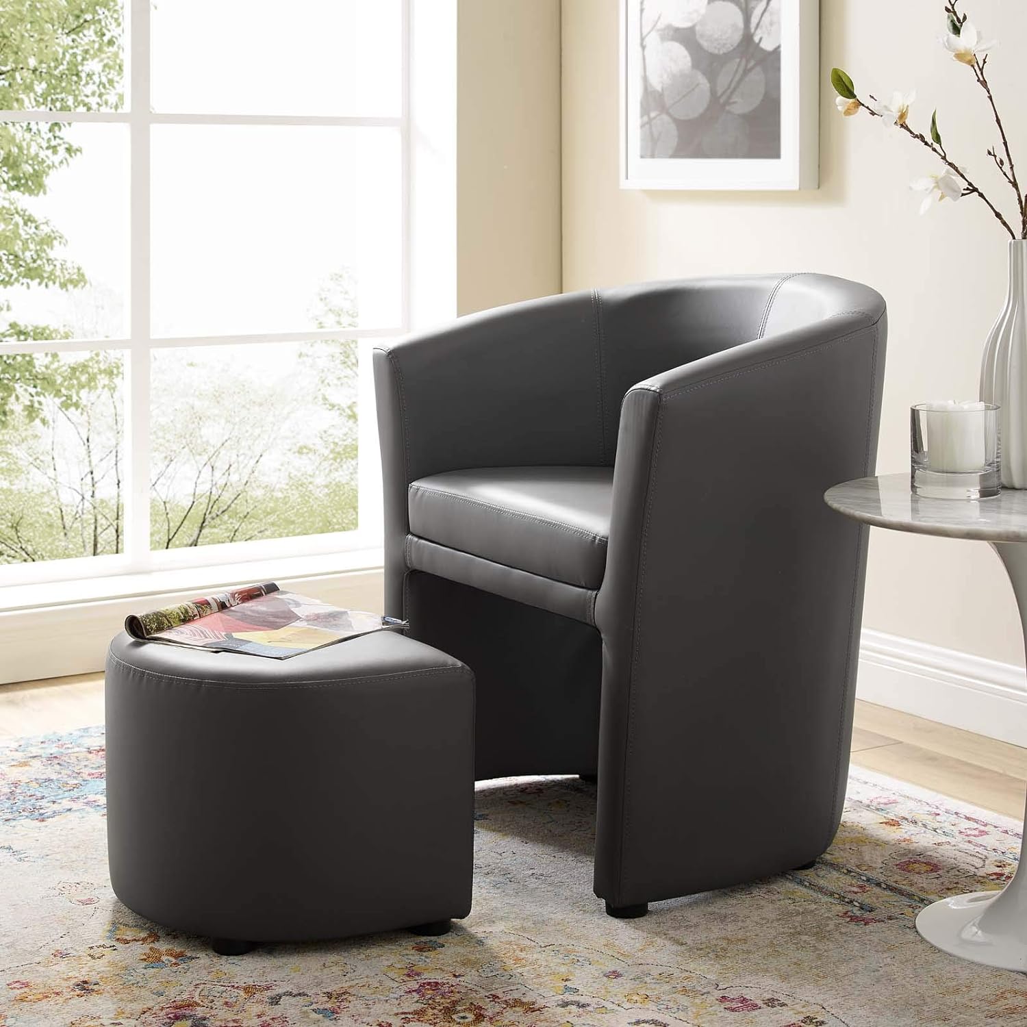 Divulge Faux Leather Armchair And Ottoman Set In Gray 28D X 22W X 30H In