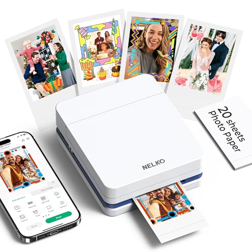 Nelko Photo Printer, PP01 Color Portable Mini Photo Printer, Instant Smartphone Inkjet Sticker Printer, Sticky-Back Photos, for iOS & Android, Picture Printer for Christmas, Fun Editing App, White