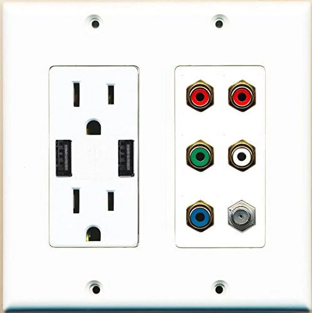 RiteAV 15 Amp 125V Power Outlet (2 Powered USB Charger Receptacle) Coax Component Stereo Wall Plate White