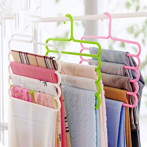 VNC Multipurpose Multi-Layer 5-in-1 Plastic Hanger Clothes Organiser for Wardrobe, Shirts, Ties, Pants Space Saving Hanger, Cupboard Storage, Strong (Pack of 3), Assorted