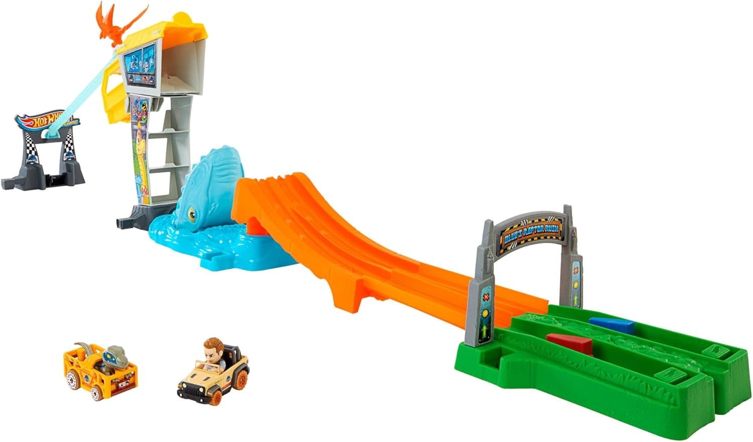Hot Wheels Track Set & Toy Cars, RacerVerse Jurassic World Blue’s Raptor Rush Track Set with 2 Die-Cast Racers: Blue The Dinosaur & Owen