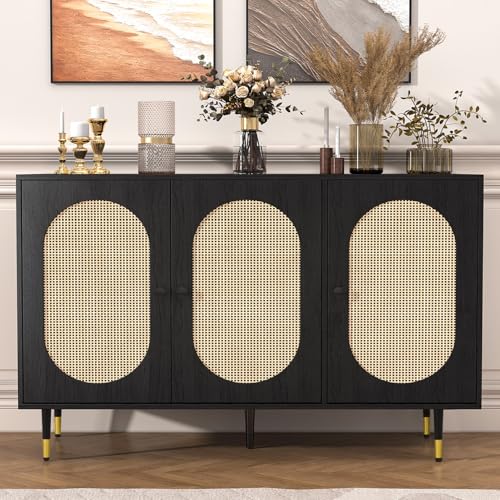 Black Rattan Buffet Cabinet, Rattan 3 Doors Buffet Cabinet with Storage, 47'' Sideboard with Adjustable Shelf for Kitchen, Dining Living Room