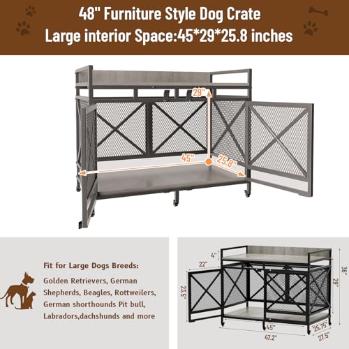 Large Dog Crate Furniture, 48 Inch Wooden Dog Kennel for XLarge Dogs, Heavy Duty Dogs Furniture Indoor Wire Dog Cage with Adjustable Feet & 360° Wheels, Decorative Pet House End Table, Grey