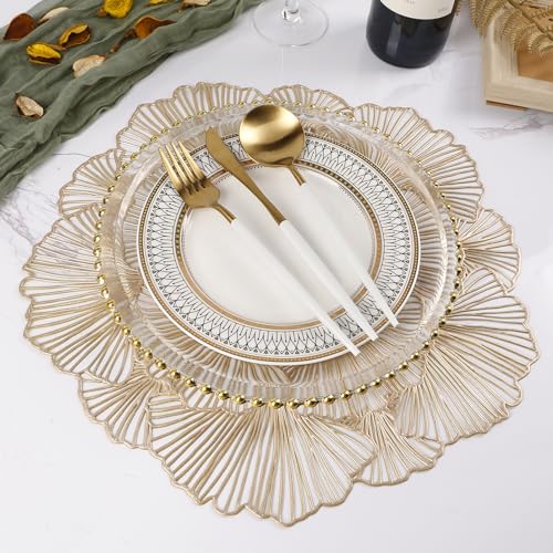 Round Placemats Pressed Vinyl Metallic Flower Place Mats Set of 6 Heat Resistant Dining Table Mats Gold Placemat for Wedding Party Kitchen Decorations