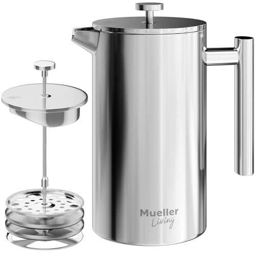 MuellerLiving French Press Coffee Maker 34oz, Stainless Steel French Press Coffee, 4 Filter Heat Resistant Double Insulated, Rust-Free, Food Grade, Dishwasher Safe Coffee Pot