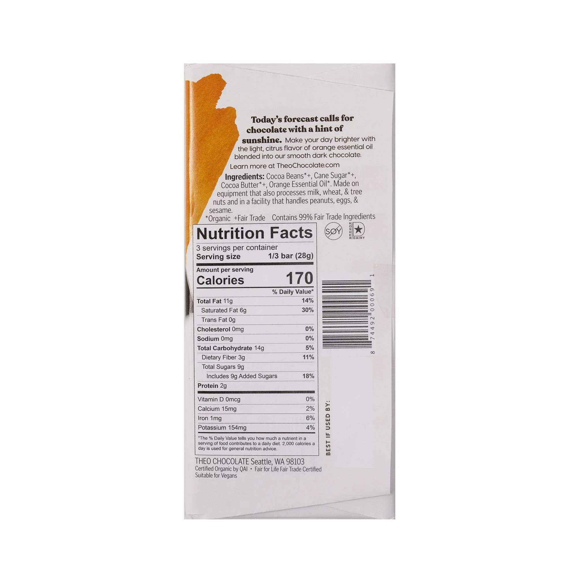 Theo Chocolate Orange Organic Dark Chocolate Bar, 70% Cacao, 12 Pack | Vegan, Fair Trade