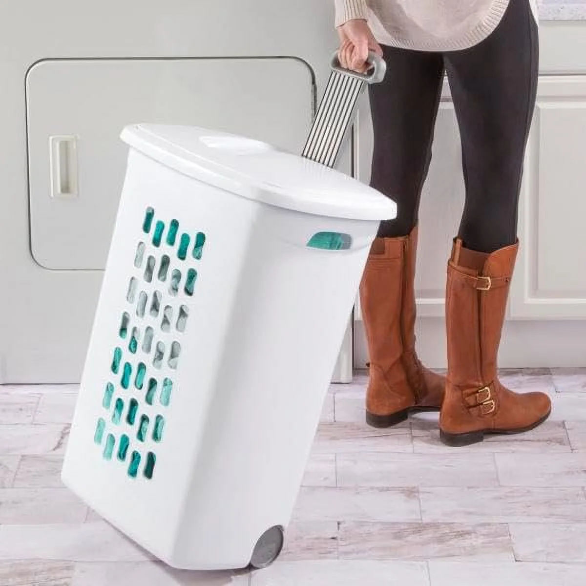 Wheeled Laundry Hamper White with Retractable Handle Large Portable Rolling Laundry Basket With Lid For Dirty Clothes - Made In USA